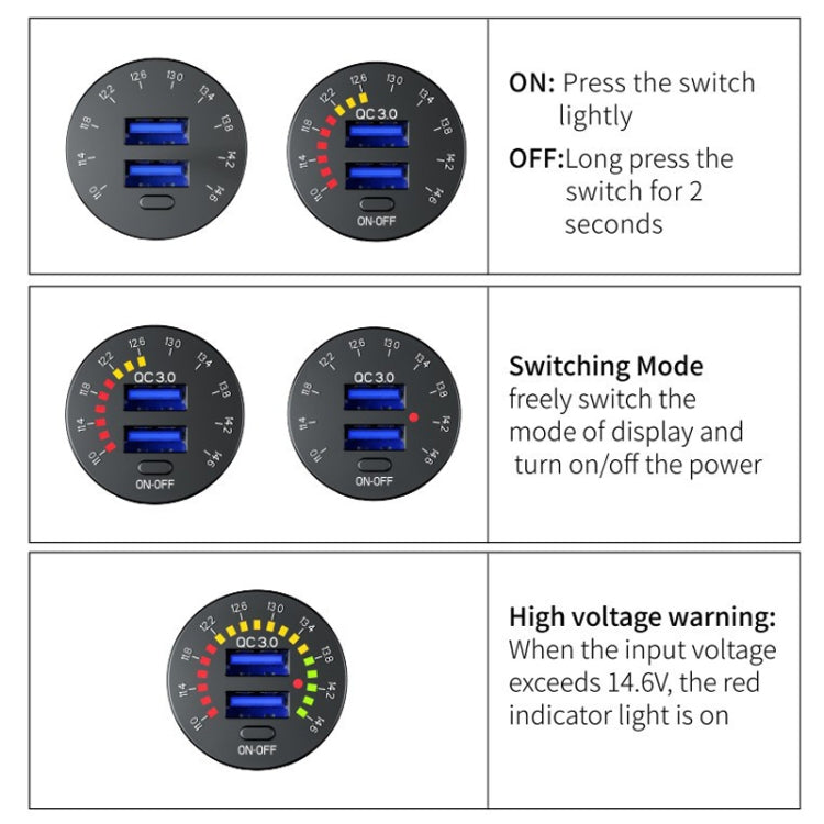 Car Motorcycle Ship Modified With Colorful Screen Display USB Dual QC3.0 Fast Charge Car Charger, Model: P20-B With 60cm Line - DIY Modified Charger by PMC TechLife | Online Shopping South Africa | PMC TechLife