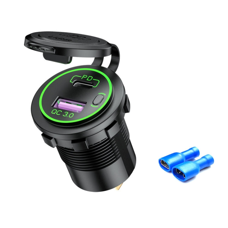 Car Motorcycle Ship Modified USB Charger Waterproof PD + QC3.0 Fast Charge, Model: Green Light With Terminal - free shipping - PMC TechLife - Order now!