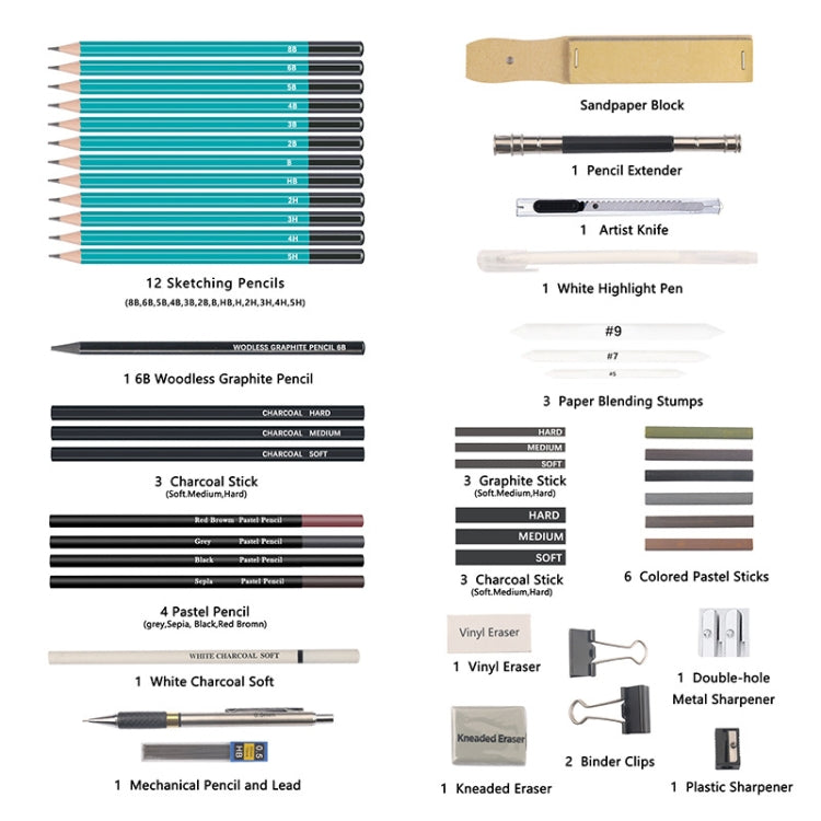 50 in 1 Sketch Pencil Tool Set High-Gloss Metal Pen Carbon Pen Painting Art Set(Black) - Art Supplies by PMC TechLife | Online Shopping South Africa | PMC TechLife
