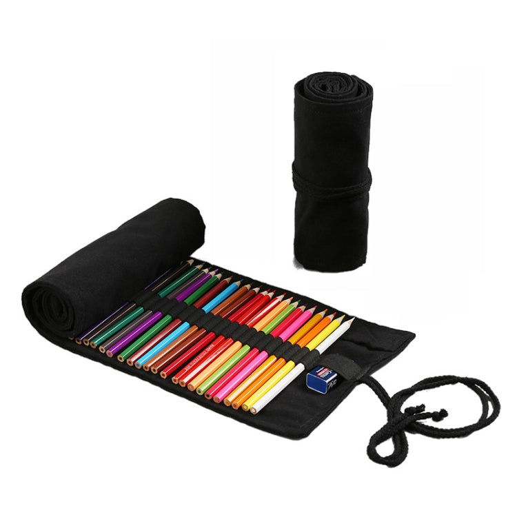 48  Holes Pure Black Handmade Canvas Roll Pen Bag Large Capacity Boy And Girl Sketch Color Pencil Curtain - Pen Holder by PMC TechLife | Online Shopping South Africa | PMC TechLife