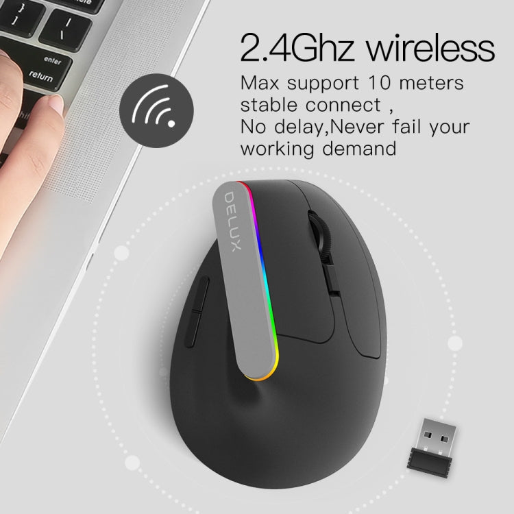 DELUX M618C 6 Keys 1600 DPI RGB Vertical Wireless Bluetooth Dual Mode Mouse(Black) - Wireless Mice by DELUX | Online Shopping South Africa | PMC TechLife | Buy Now Pay Later Mobicred