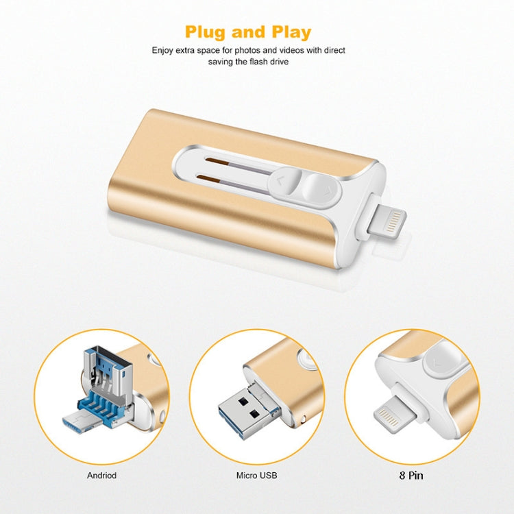 128GB Micro USB + 8 Pin + USB 2.0 3 in 1 Mobile Phone Computer U-Disk(Gold) - U Disk & Card Reader by PMC TechLife | Online Shopping South Africa | PMC TechLife | Buy Now Pay Later Mobicred