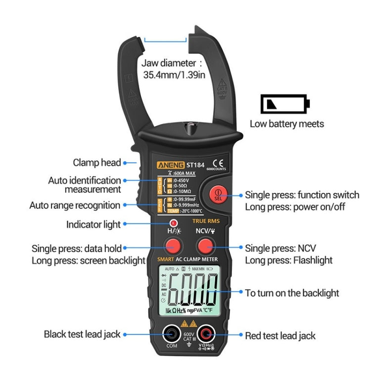ANENG ST184 Automatically Identify Clamp-On Smart Digital Multimeter(Black) - free shipping - PMC TechLife - Order now!