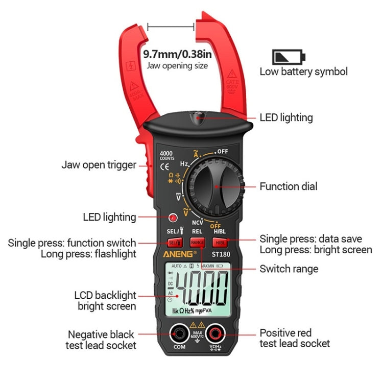 ANENG ST180 Digital Display Clamp AC & DC Intelligent Voltage Multimeter(Red) - Digital Multimeter by ANENG | Online Shopping South Africa | PMC TechLife | Buy Now Pay Later Mobicred