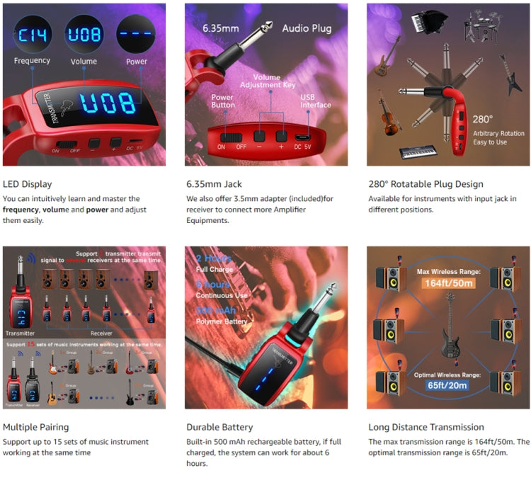 U12DX  6.35mm Jack Wireless Guitar Transmitter Receiver Rechargeable Adapter(Black) - Guitar Tuner by PMC TechLife | Online Shopping South Africa | PMC TechLife