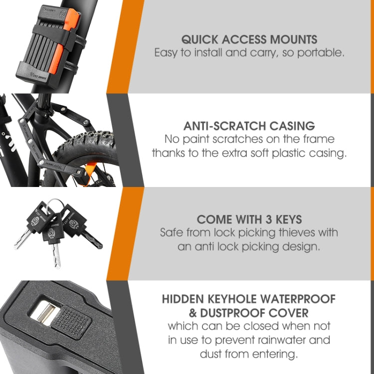 WEST BIKING Bicycle Anti-Theft Lightweight Folding Chain Lock(Black Orange) - free shipping - PMC TechLife - Order now!