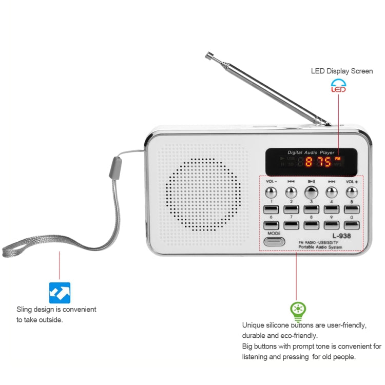 L-938  MP3 Audio Player FM Radio Support  SD MMC Card AUX-IN Earphone-out(Black) - Radio Player by PMC TechLife | Online Shopping South Africa | PMC TechLife