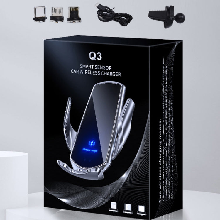 Q3 Infrared Induction Magnetic Car Wireless Charging Phone Bracket with Micro USB + 8 Pin + Type-C / USB-C Magnetic Connector(Black) - free shipping - PMC TechLife - Order now!