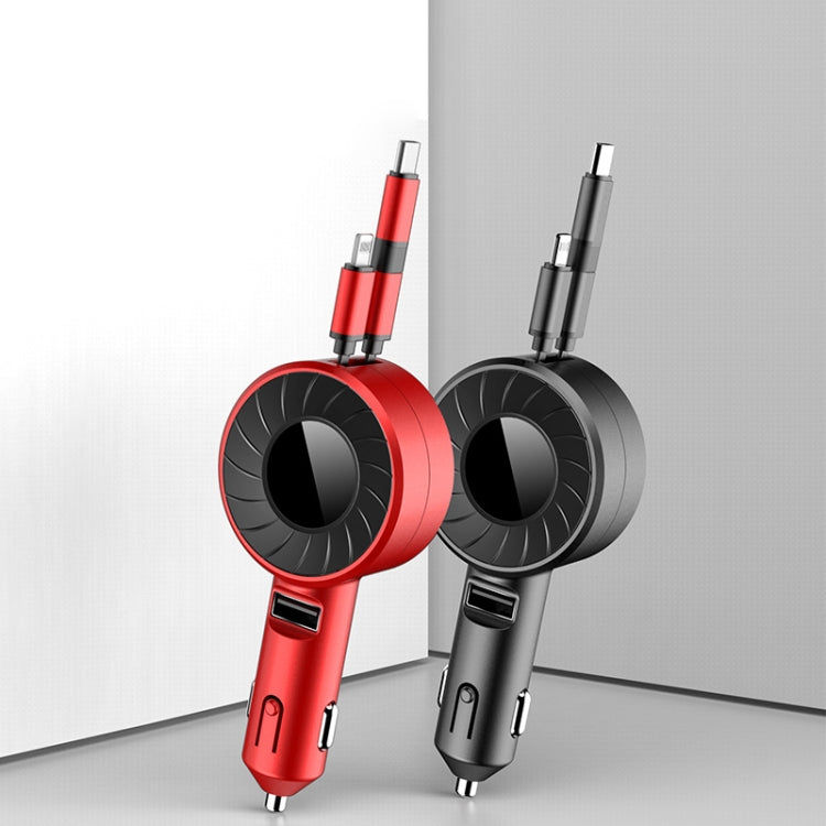 3 In 1 USB Dual Cable Single Pull Retractable Car Charger(Red) - Car Charger by PMC TechLife | Online Shopping South Africa | PMC TechLife