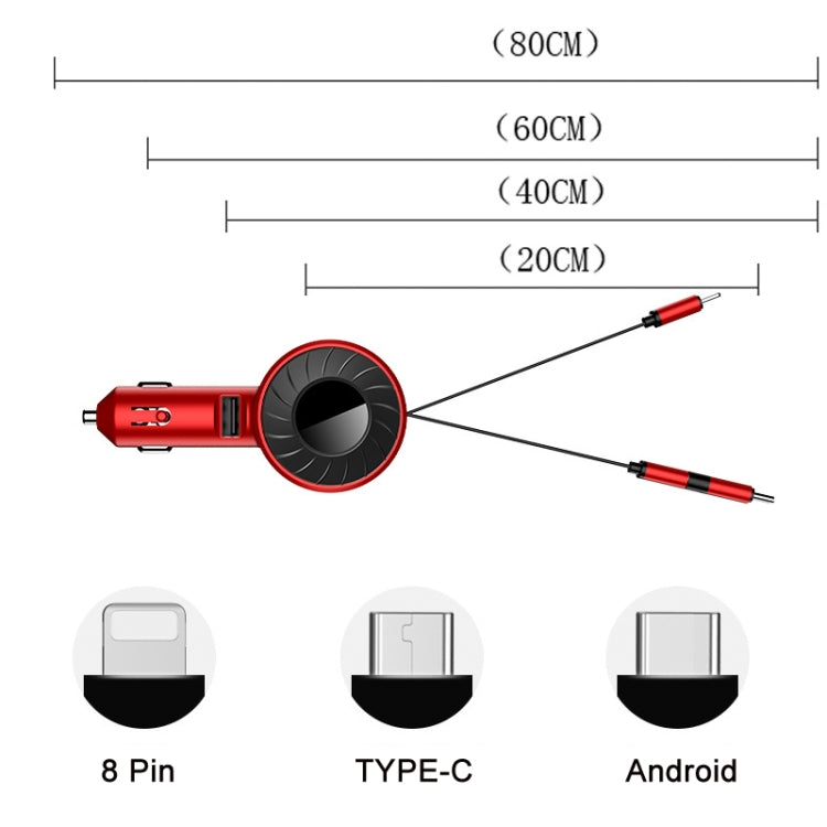 3 In 1 USB Dual Cable Single Pull Retractable Car Charger(Red) - Car Charger by PMC TechLife | Online Shopping South Africa | PMC TechLife