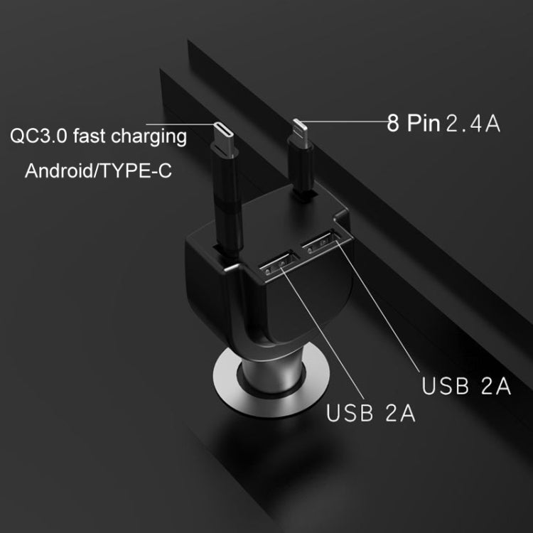 3 In 1 3.1A Dual USB Single Pull Retractable Fast QC3.0 Car Charger(Black) - Car Charger by PMC TechLife | Online Shopping South Africa | PMC TechLife