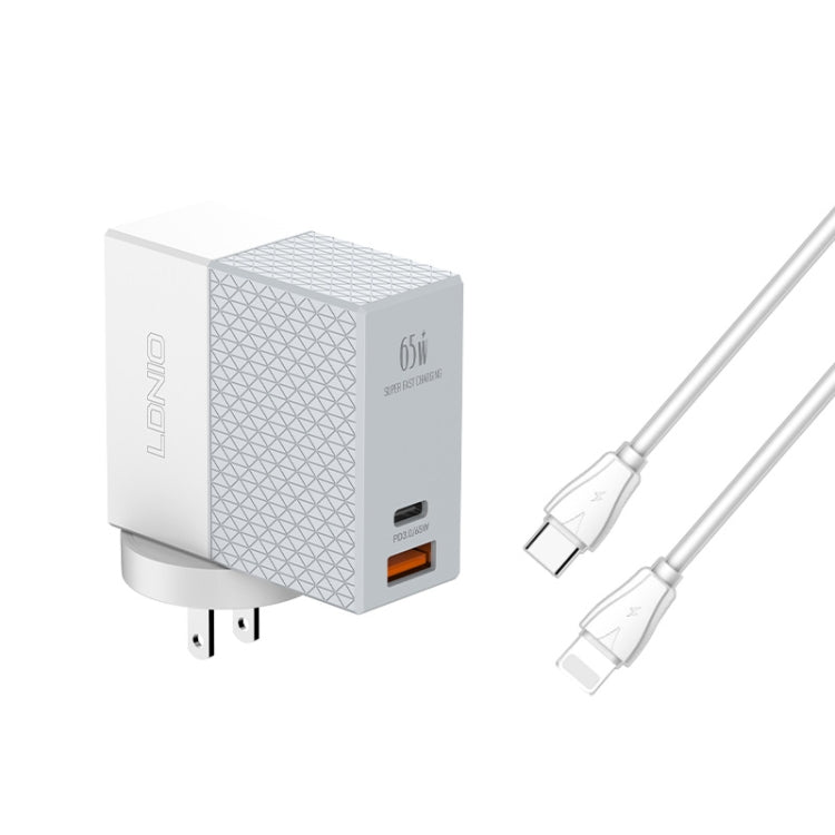LDNIO A2620C 65W USB+Type-C/USB-C Port Dual Port Universal Phone Tablet Travel Charger(US Plug+Type-C to 8 Pin) - free shipping - PMC TechLife - Order now!