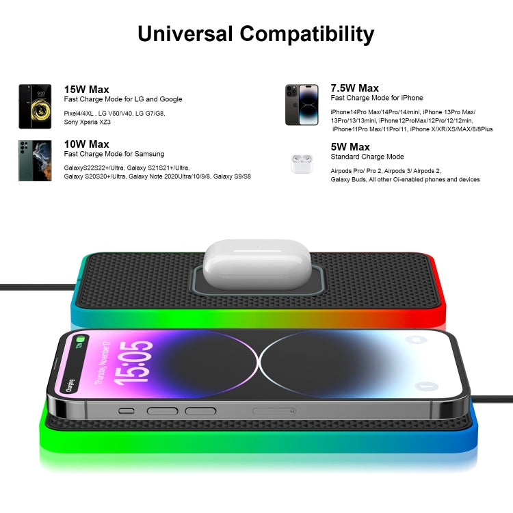 2 In 1 15W Car Mobile Phone Wireless Charger Non-slip Mat with Colorful Light USB Cable 1m - free shipping - PMC TechLife - Order now!