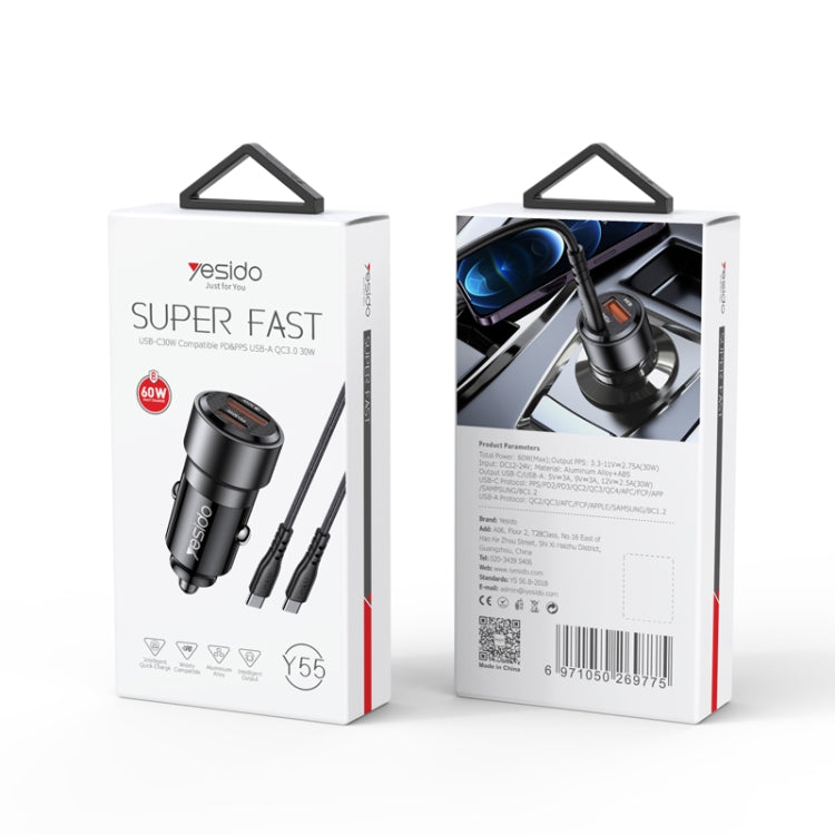 Yesido Y55 With Double Type-C/USB-C Port Line Car Charger QC3.0+PD30W Type-C/USB-C+USB Dual Port Quick Charge(Black) - Car Charger by Yesido | Online Shopping South Africa | PMC TechLife