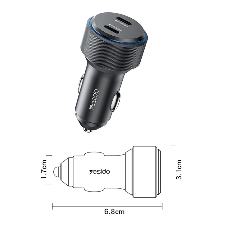 Yesido Y48  60W Car Fast Charger Aluminum Aluminum Double Type-C/USB-C Port Car Charger(Black) - free shipping - PMC TechLife - Order now!