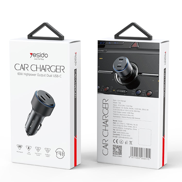 Yesido Y48  60W Car Fast Charger Aluminum Aluminum Double Type-C/USB-C Port Car Charger(Black) - free shipping - PMC TechLife - Order now!