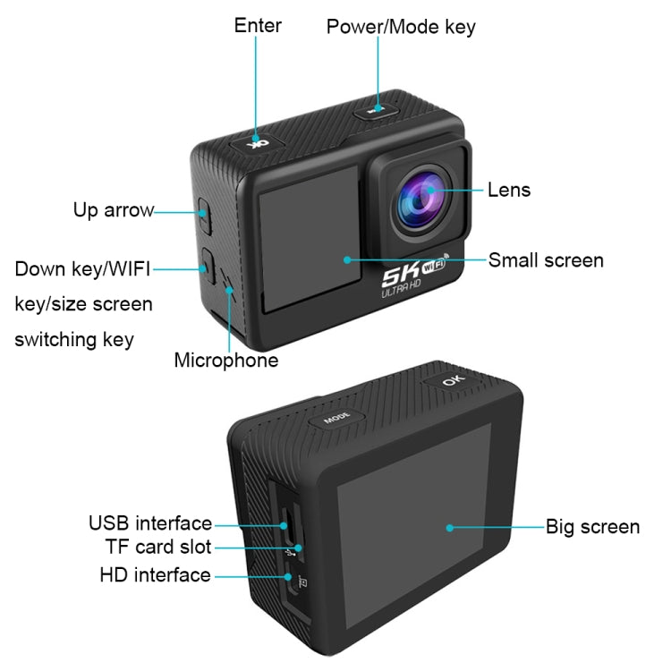 5K/30FPS WIFI HD Anti-Shake Remote Touch Dual-Screen IP68 Waterproof Sports Camera, Style: Camera + 64G Card - Other Camera by PMC TechLife | Online Shopping South Africa | PMC TechLife