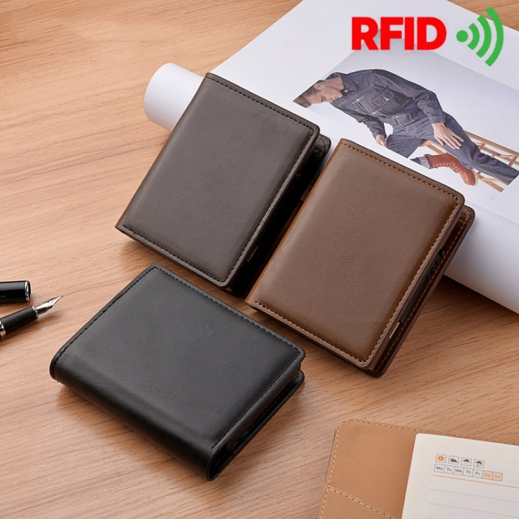 RFID Anti-Theft Short Wallet Automatic Pop-Up Aluminum Alloy Antimagnetic Card Holder(Dark Brown) - Antimagnetic RFID Package by PMC TechLife | Online Shopping South Africa | PMC TechLife | Buy Now Pay Later Mobicred