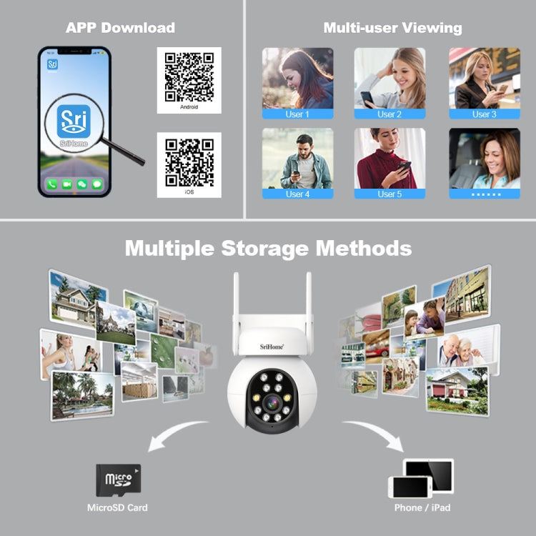 SriHome SH052 Wifi 5MP Wireless PTZ IP AI Auto Tracking Sound&Light Alarm Starlight Color Night Vision Outdoors Surveillance Camera, Plug: EU - free shipping - PMC TechLife - Order now!