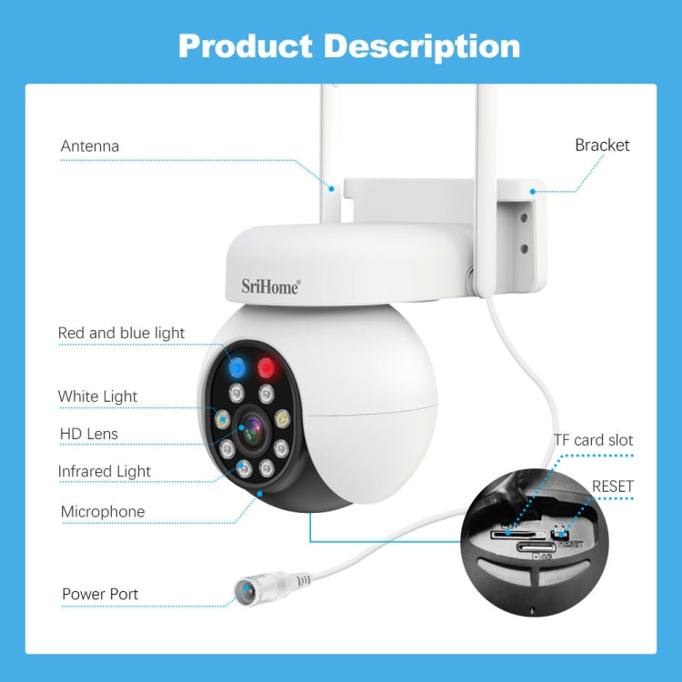 SriHome SH052 Wifi 5MP Wireless PTZ IP AI Auto Tracking Sound&Light Alarm Starlight Color Night Vision Outdoors Surveillance Camera, Plug: US - free shipping - PMC TechLife - Order now!