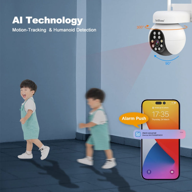 SriHome SH052 Wifi 5MP Wireless PTZ IP AI Auto Tracking Sound&Light Alarm Starlight Color Night Vision Outdoors Surveillance Camera, Plug: AU - free shipping - PMC TechLife - Order now!