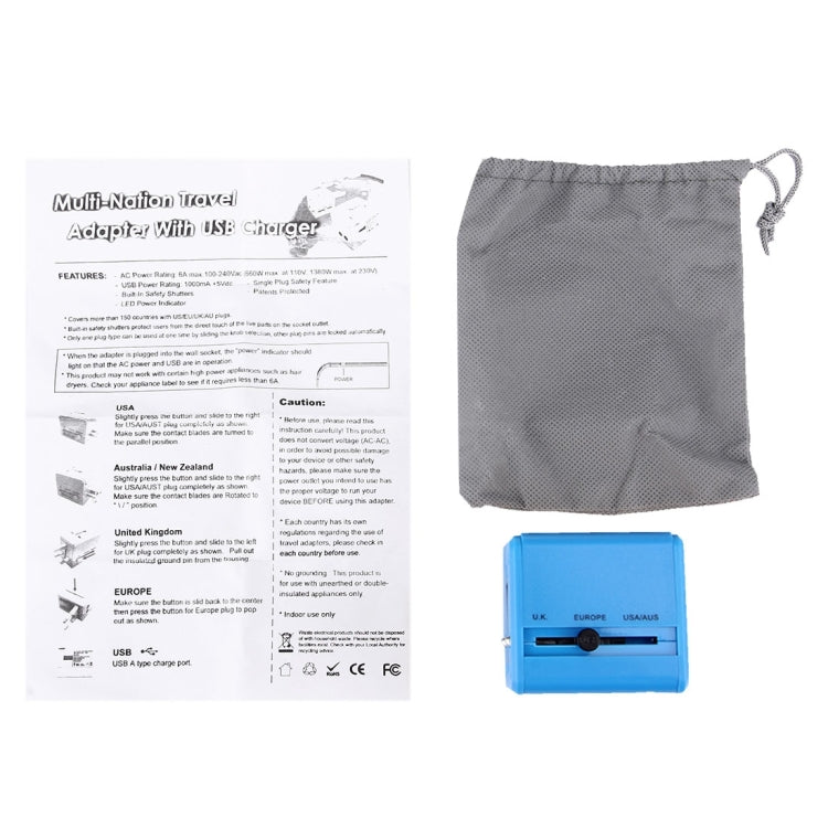 World-Wide Universal Travel Concealable Plugs Adapter with & Built-in Dual USB Ports Charger for US, UK, AU, EU(Blue) - International Plug Adaptor by PMC TechLife | Online Shopping South Africa | PMC TechLife