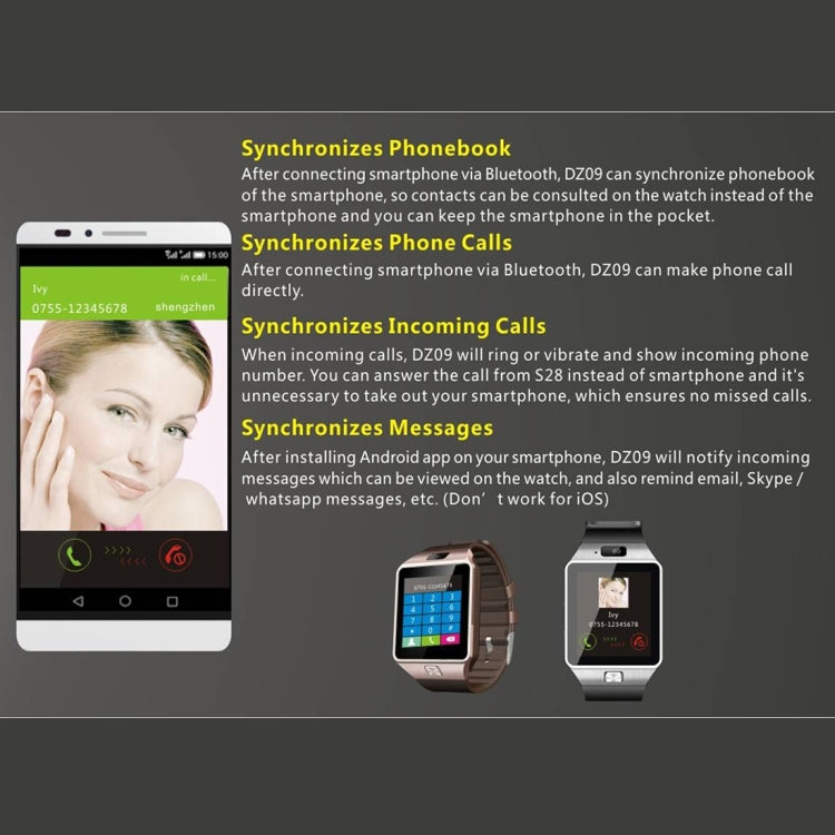 DZ09 1.56 inch Screen Bluetooth 3.0 Android 4.1 OS Above Smart Watch Phone with Bluetooth Call & Call Reminder & Sleep Monitor & Pedometer & Sedentary Reminder & Calendar & SMS & Audio and Video Player & Anti-loss Function(Black) - Smart Watches by PMC TechLife | Online Shopping South Africa | PMC TechLife | Buy Now Pay Later Mobicred