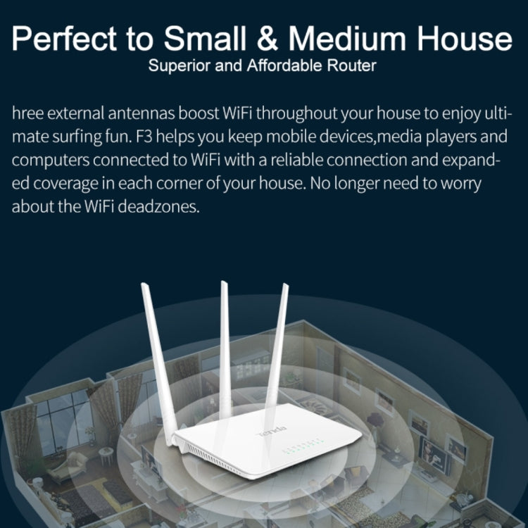 Tenda F3 Wireless 2.4GHz 300Mbps WiFi Router with 3*5dBi External Antennas(White) - free shipping - PMC TechLife - Order now!